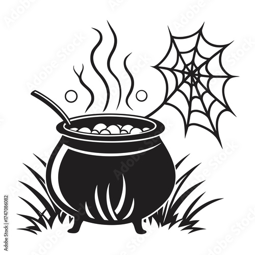 Black witch cauldron with steam and spiderweb icon