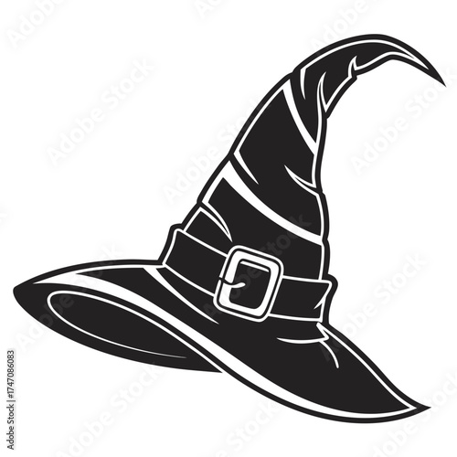Black witch hat icon pointy shape with buckle white