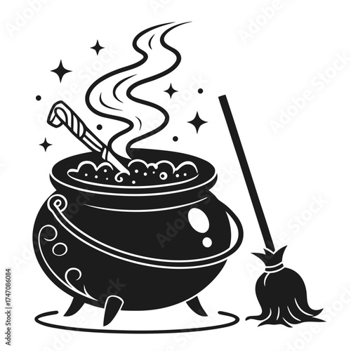 Black witch cauldron with bubbling potion and broom icon