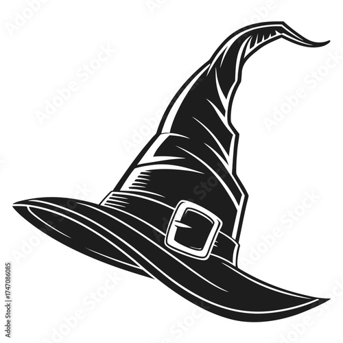 Black witch hat icon with buckle and curved brim pointy