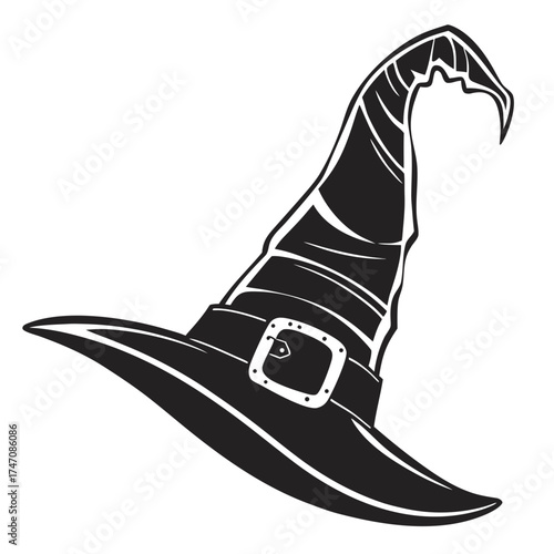 Black witch hat icon with buckle and curved brim white