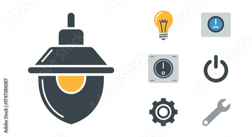 Set of icons representing industrial and technology concepts including a lamp and gears.