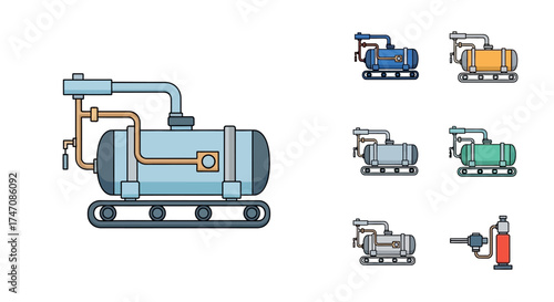 Set of industrial mobile air compressor tank illustrations.