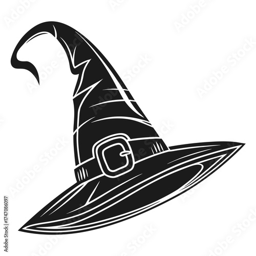 Black witch hat with buckle and curved brim pointy hat