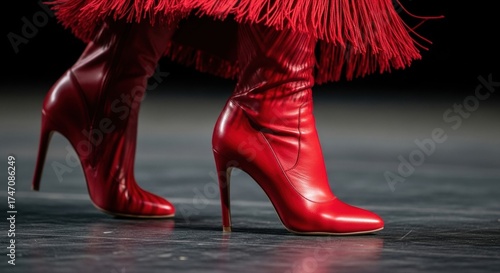 Fashionable red high-heeled boots with fringe on runway