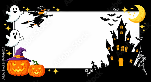 Enchanting Halloween Night Border with Spooky Castle, Flying Witch, Ghostly Apparitions, and Carved Pumpkins – Festive Frame for Holiday Invitations and Celebrations