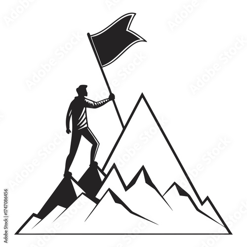 Black silhouette of person holding flag on mountain peak