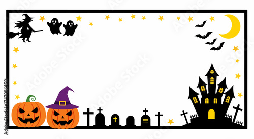 Festive Halloween banner frame illustration with a spooky haunted castle, jack-o'-lanterns, flying witch, and graveyard silhouette