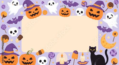 Playful Halloween border illustration with spooky characters like jack-o'-lanterns, bats, and ghosts on a purple background with copy space