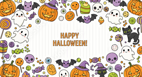 Happy Halloween! A festive banner featuring pumpkins, ghosts, bats, and treats for a spooky celebration
