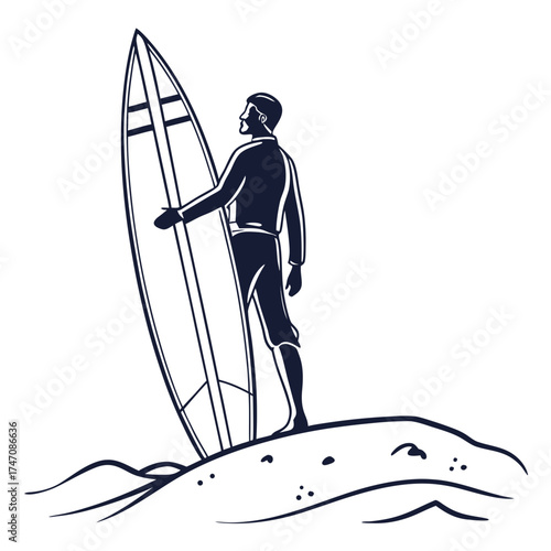 Man with surfboard on sand dune graphic standing