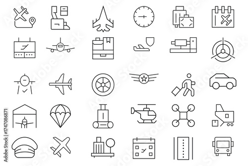 Aviation icons set.  Collection of Hostess, Airplane, Fly, Helicopter, Flight attendant, Plane, Boarding pass, Oxygen mask, Airport, Small plane, Battleship icons.  Vector Illustration. 