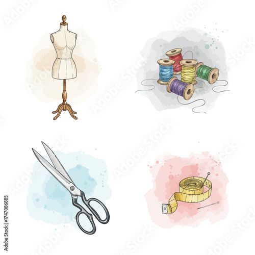 Watercolor illustrations of sewing and tailoring tools. Includes a dress form, thread spools, fabric scissors, and a measuring tape. Ideal for craft, fashion, and hobby projects