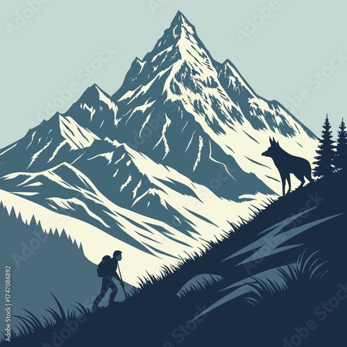 Stylized mountain range with hiker and wolf silhouette