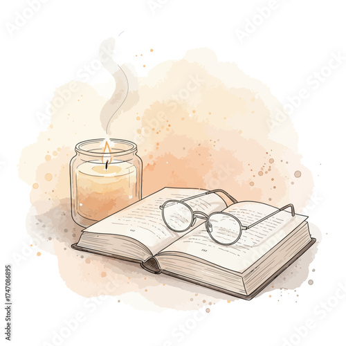 A tranquil watercolor illustration featuring an open book, reading glasses, and a softly glowing candle, ideal for creating a cozy atmosphere for study and relaxation
