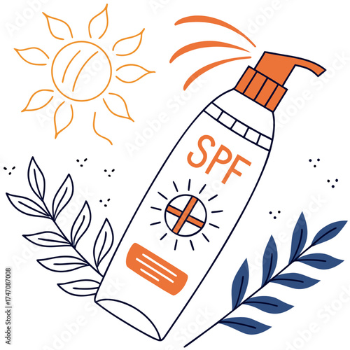 Sunscreen bottle with S P F label and sun graphic lotion