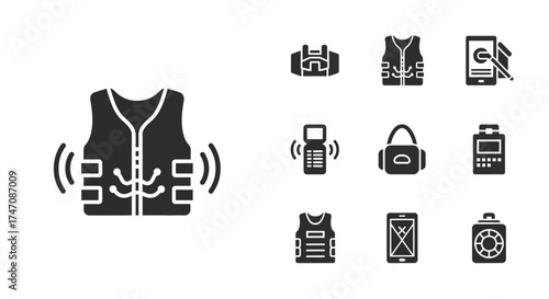 Survival gear and tracking gadgets glyph icons set.
