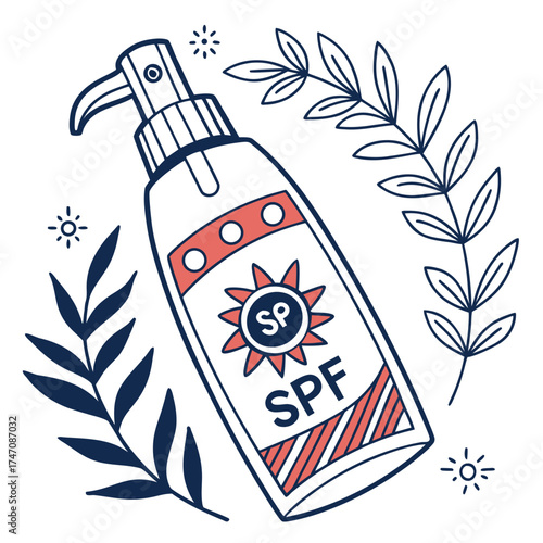 Sunscreen lotion bottle with S P F label and botanical elements