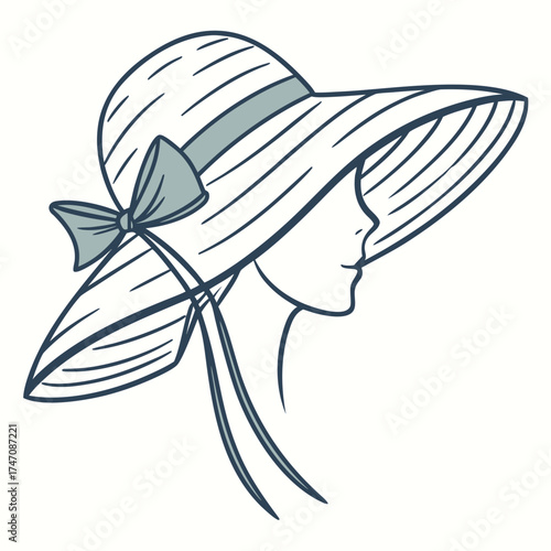 Woman wearing wide brim sun hat with bow profile silhouette