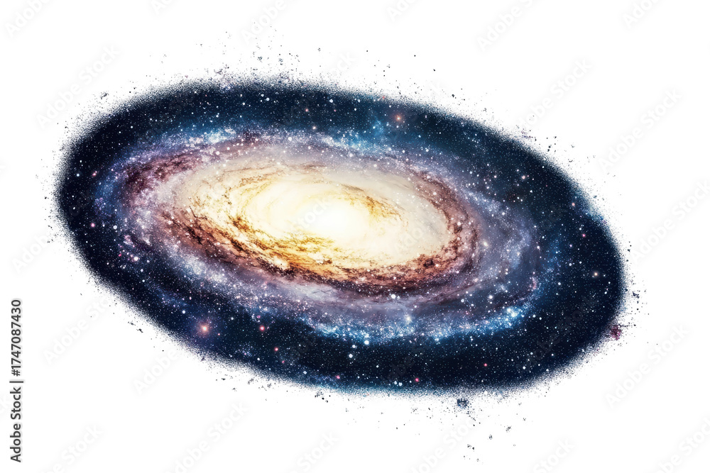 Fototapeta premium Galaxy isolated on white background showcasing swirling stars, nebulae, and bright core illuminated by cosmic light in vivid colors