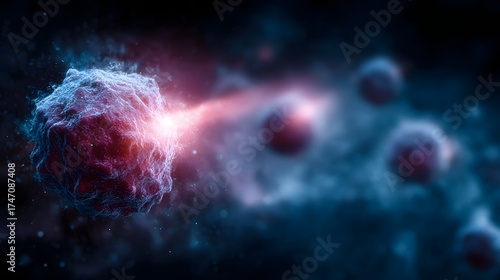 Microscopic cell under attack emitting a beam of light in a dark scientific environment