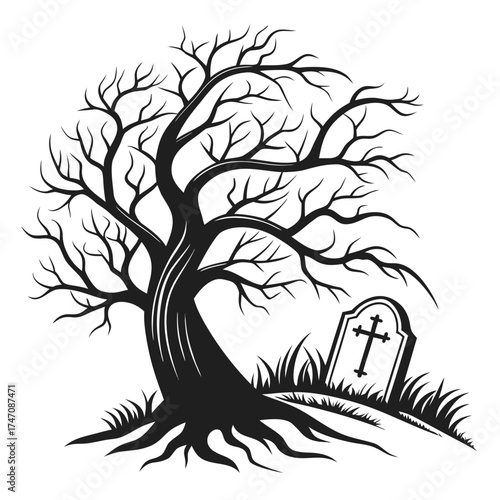 Black vector icon of a spooky bare tree and gravestone