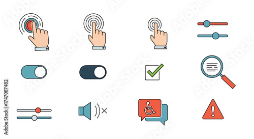 Various icons representing touch gestures and interface controls for digital interaction.