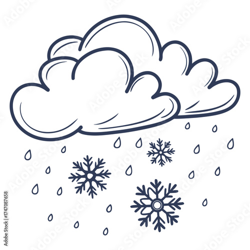 Dark blue outline clouds with snowflakes and raindrops