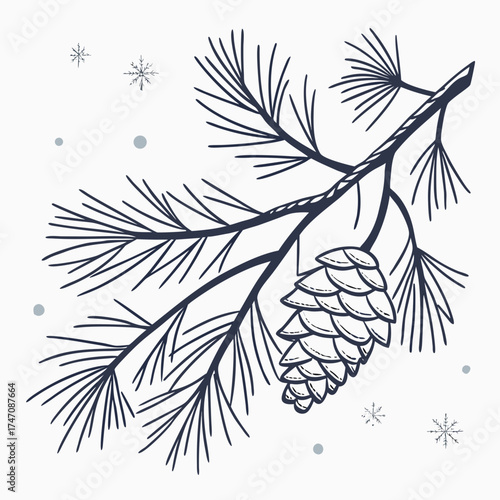Dark blue pine branch with cone and snowflakes pine cone