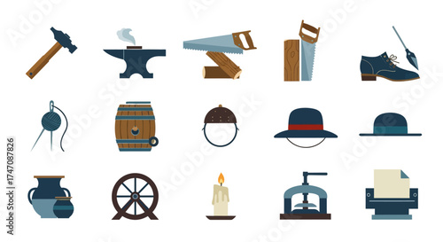 Vintage craftsmanship and daily life icon set from a historical era.