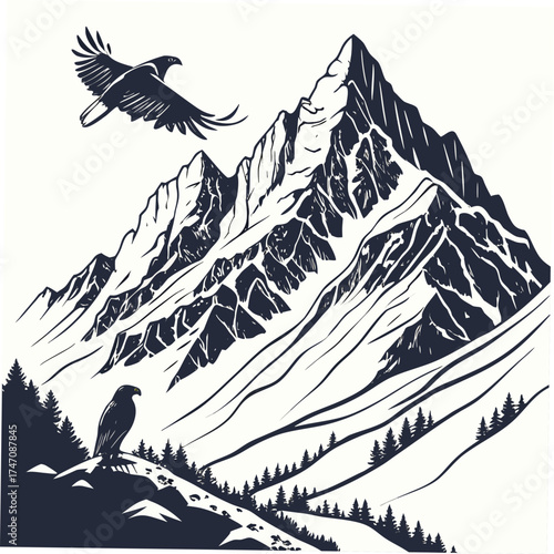 Dark Silhouette Eagle Soaring Above Snowy Mountain Range