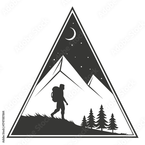Hiker silhouette against mountains moon and stars backpacker