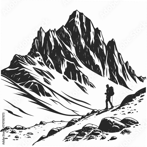 Hiker silhouette on snowy mountain slope black and white
