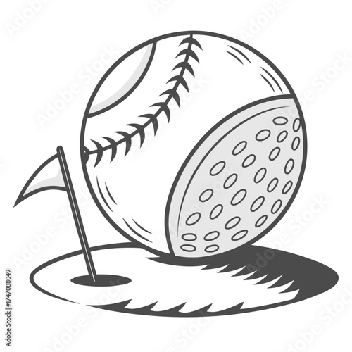 Baseball and golf ball on golf course with flag sport