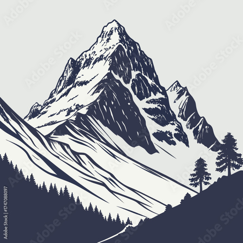 Stylized dark blue mountain range with snow and pine trees