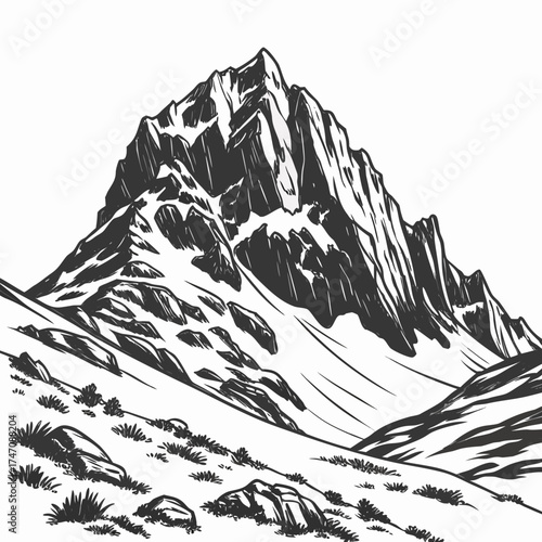 Black and white vector illustration of a rocky mountain crest