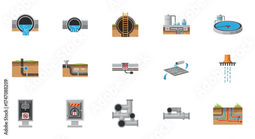 Water Treatment and Supply System Icon Collection.