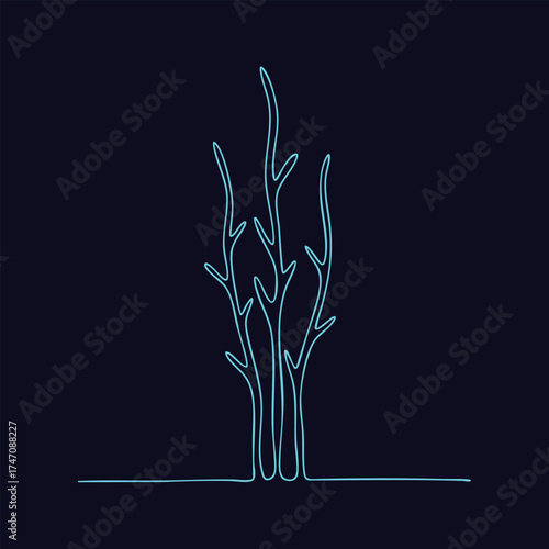 Minimalist neon outline of a leafless tree with multiple branches on a dark , emphasizing simplicity and modern design