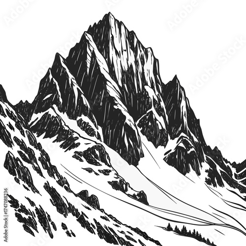 Black and white vector illustration of a snow-covered mountain range 1