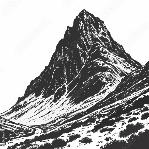 Black and white vector illustration of a tall mountain peak