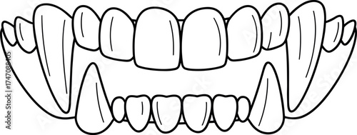Stylized monster teeth illustration with exaggerated jaws and fangs, black-and-white vector design for horror, fantasy, and character concept themes