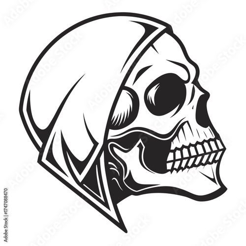Black skull with hood and hollow eyes vector graphic