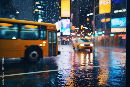 Rain droplets on window with bus and city lights. City bus driving through the rain at night