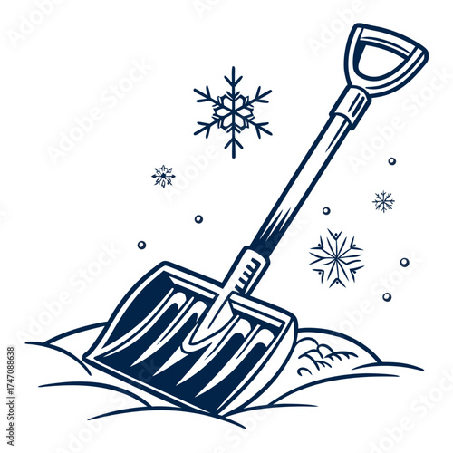 Dark blue snow shovel in snow with snowflakes winter