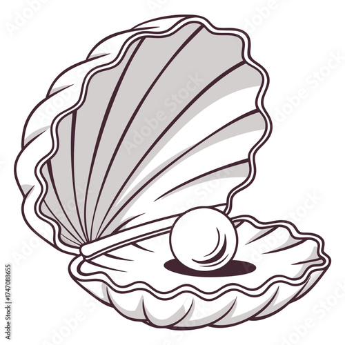 Open seashell with pearl icon flat style oyster