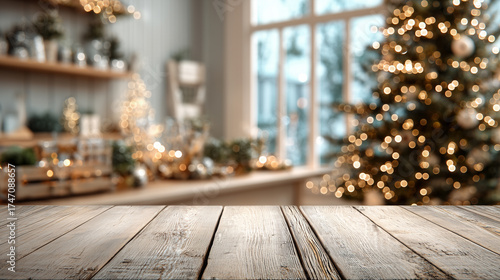 empty wooden table with blurred background of a christmas tree and decorations in a dining room, for product display montage. 3d rendering. Cozy natural interior during christmas time, christmas tree 