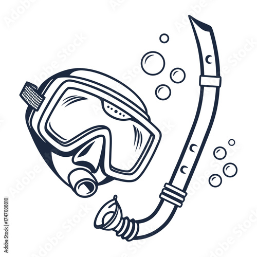 Snorkel mask and tube with bubbles vector icon diving