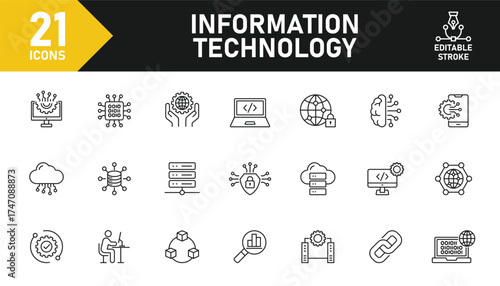 Information technology line icon set. Set of 21 outline icons related to IT, programming, network, information technology, internet, IT manager and others. Editable stroke. Vector illustration.