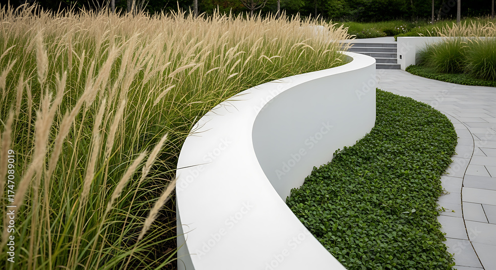 Fototapeta premium Modern garden design with ornamental grasses and white curved retaining wall