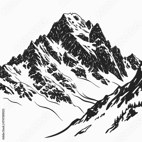 Black and white mountain range silhouette with snow